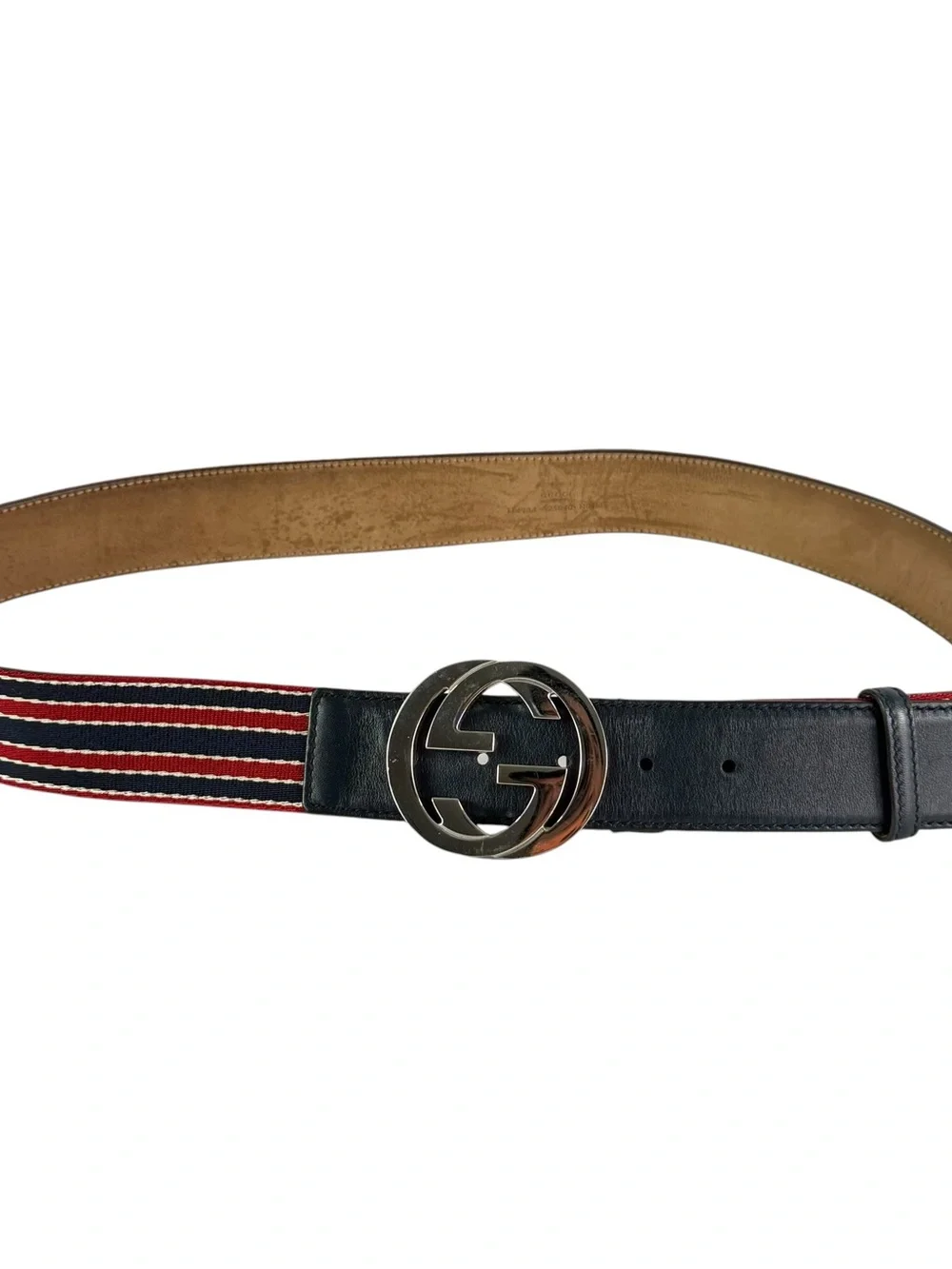Gucci Red, Navy & White Striped Web Belt Bag with Silver GG Buckle - Picture 2 of 16